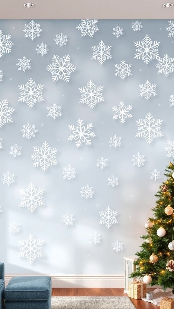 Elegant snowflake wallpaper design in a cozy living room decorated for Christmas.